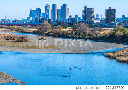 日本東京市容1月9日...川崎武趙小杉車站前的塔樓公寓大樓、多摩川、水鳥等景觀=令及7 121818501