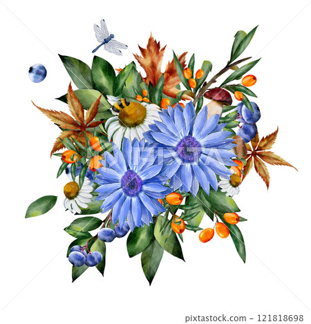 Chamomile and rudbeckia. Watercolor floral composition. Botanical illustration on white background with blueberry, sea buckthorn, dry leaves, bumblebee. For cards, textiles, design Chamomile and rudbeckia. Watercolor floral composition. Botanical illustration on white background with blueberry, sea buckthorn, dry leaves, bumblebee. For cards, textiles, design 121818698