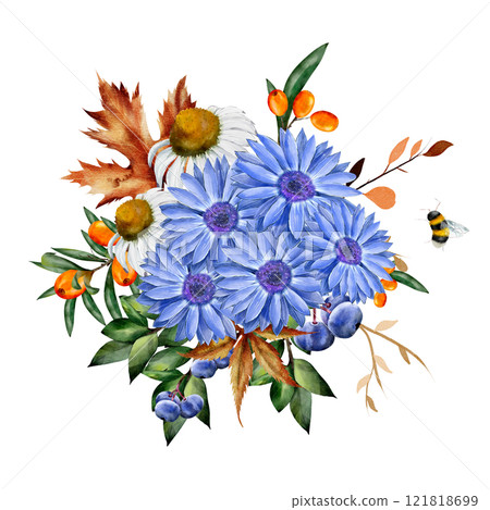 Chamomile and rudbeckia. Watercolor floral composition. Botanical illustration on white background with blueberry, sea buckthorn, dry leaves, bumblebee. For cards, textiles, design Chamomile and rudbeckia. Watercolor floral composition. Botanical illustration on white background with blueberry, sea buckthorn, dry leaves, bumblebee. For cards, textiles, design 121818699