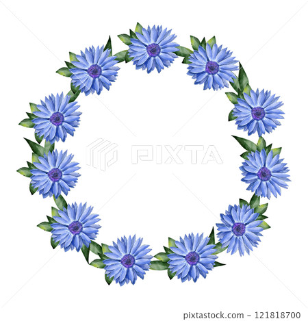 Rudbeckia, chrysanthemum and green leaves. Watercolor botanical illustration. Round frame for invitations, cards, prints. Flowers isolated on white background 121818700