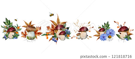 A set of compositions with mushrooms and flowers. Rudbeckia, chrysanthemum, chamomile, bumblebee, dry and green twigs with leaves, boletus. Hand painted in watercolor. Isolated on a white background. 121818716