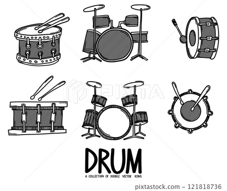 Drum Doodle vector icon set. Drawing sketch illustration hand drawn line eps10 121818736