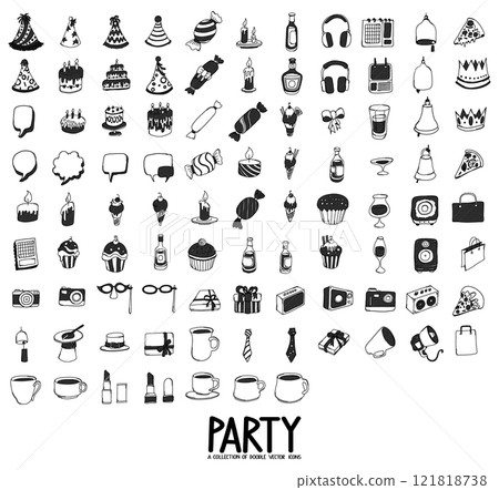 Party Related Doodle vector icon set. Drawing sketch illustration hand drawn line eps10 121818738