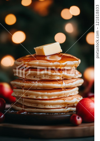 A stack of pancakes topped with butter and syrup, served with a cup of coffee, perfect for breakfast A stack of pancakes topped with butter and syrup, served with a cup of coffee, perfect for breakfast 121818833