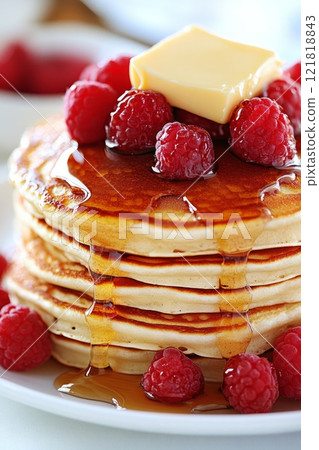 A stack of pancakes topped with butter berries syrup, served with a cup of coffee 121818843