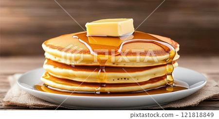 A stack pancakes topped with butter syrup, served of coffee, perfect f breakfast 121818849