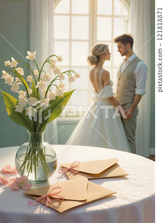 Elegant wedding scene with bride and groom, lily-of-the-valley bouquet, and invitations 121818871