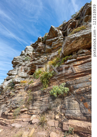 Landscape view of Table Mountain in nature in Cape Town, South Africa. Beautiful copyspace scenery of a natural landmark for tourists to hike and explore against a clear blue sky in summer. 121818939