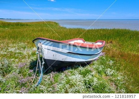 Old abandoned wooden fishing boat in a green grassy meadow with flowers. Still ocean and a cloudy blue sky with copyspace in background. Perfect escape and adventure to a tranquil and remote island 121818957