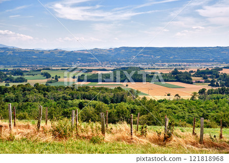 The landscape view of large farm land with lush green plants. Scenic view of sustainable agriculture and nature with a cloudy blue sky background. Peaceful cultivated farmland with crops 121818968