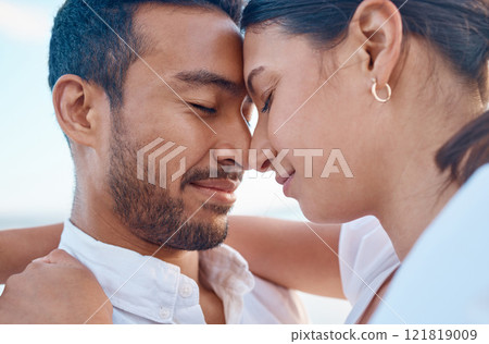 Outdoor, couple and love with hug on vacation, travel holiday and connection on valentines day. Soulmate, man and woman with admiration embrace for relationship, dating and romantic with bonding 121819009