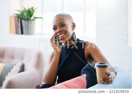 Beautiful african american woman using smartphone having phone call smiling enjoying conversation 121819050