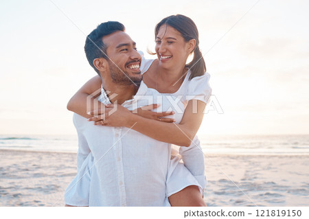 Beach, couple and carrying with smile on vacation, travel holiday and connection on valentines day. Marriage, man and woman with piggyback for relationship, bonding and anniversary romance with love 121819150
