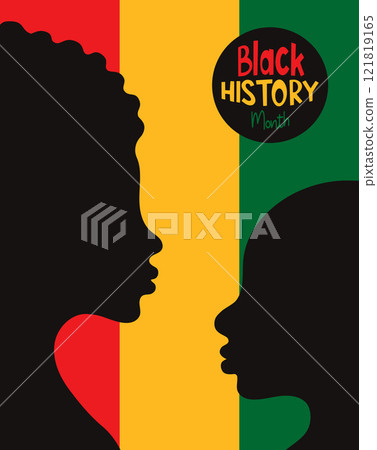 Black History Month poster. Two silhouette profiles of african american people on red, yellow and green national flag background. Vector illustration. Vertical banner in flat minimalistic design 121819165