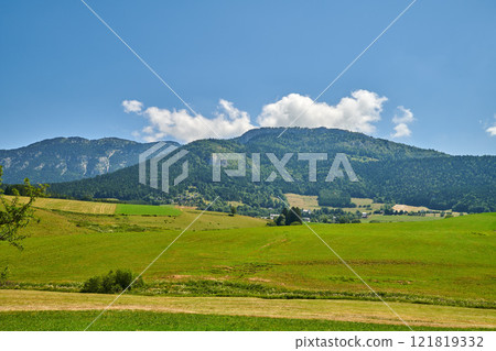 Farmland with lush meadow and hills or mountains covered with greenery in the countryside. Scenery of a calm empty field in nature. Natural view of open green landscape in the outdoors on a sunny day 121819332