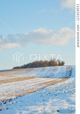 Winter landscape on a farm with trees in a row against a cloudy sky background with copy space in Denmark. Snowy plowed field across a beautiful countryside in nature during chilly and cold weather Winter landscape on a farm with trees in a row against a cloudy sky background with copy space in Denmark. Snowy plowed field across a beautiful countryside in nature during chilly and cold weather 121819551