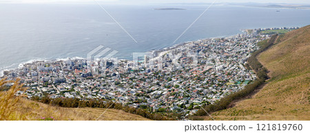 Aerial and panoramic view of Cape Town, Western Cape in South Africa. Landscape view of an urban city surrounded by the sea and ocean for holidays and vacations during summer for tourists from above Aerial and panoramic view of Cape Town, Western Cape in South Africa. Landscape view of an urban city surrounded by the sea and ocean for holidays and vacations during summer for tourists from above 121819760