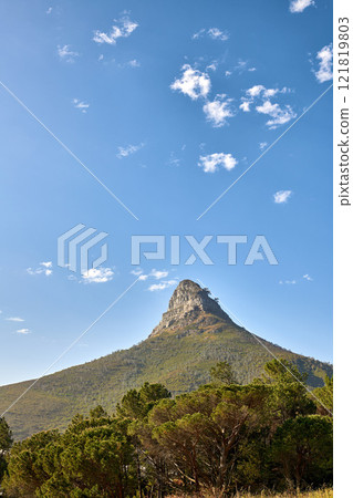 The majestic, wonderful and beautiful Lions Head mountain from below. Blue sky copy space over mountainous landscape terrain in Cape Town, South Africa. Lush green flora in a protected nature reserve The majestic, wonderful and beautiful Lions Head mountain from below. Blue sky copy space over mountainous landscape terrain in Cape Town, South Africa. Lush green flora in a protected nature reserve 121819803