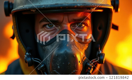 Intense Portrait of Firefighter in Helmet with Flames 121819842