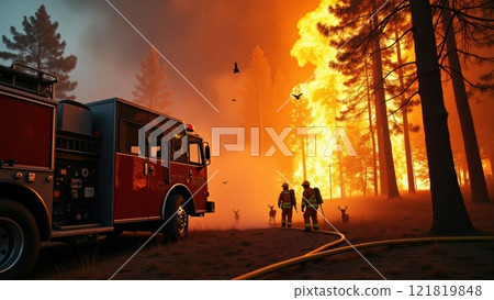 Vibrant Red Firetruck Amidst Fiery Forest Scene Vibrant Red Firetruck Amidst Fiery Forest Scene 121819848