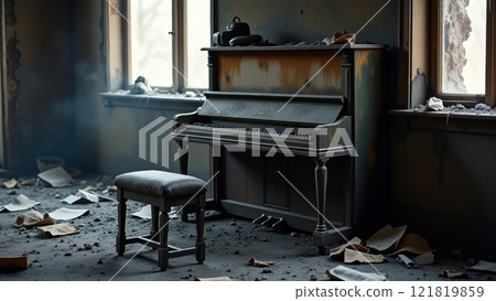 Hauntingly Beautiful Charred Piano in Abandoned Room 121819859