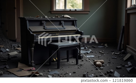 Hauntingly Beautiful Charred Piano in Abandoned Room 121819860