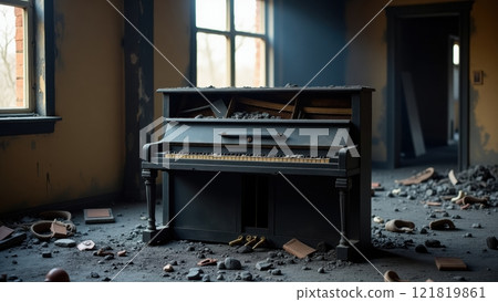 Hauntingly Beautiful Charred Piano in Abandoned Room 121819861