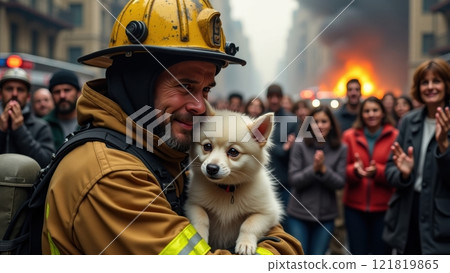 Heroic Firefighter Rescues Dog in Urban Setting Heroic Firefighter Rescues Dog in Urban Setting 121819865