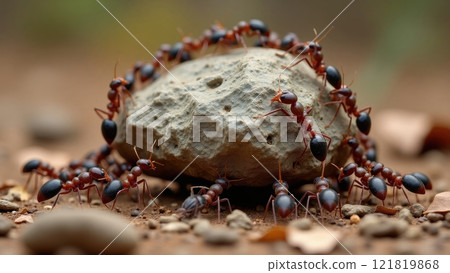 Detailed Realistic Photograph of Ants Around a Rock 121819868