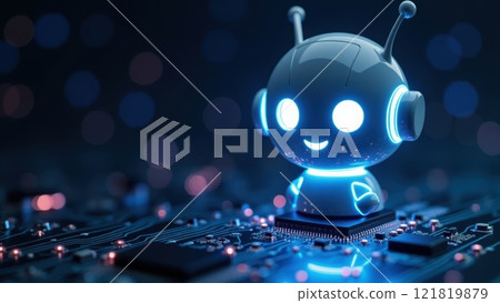 Luminous Anthropomorphic Chatbot Icon on Circuit Board 121819879