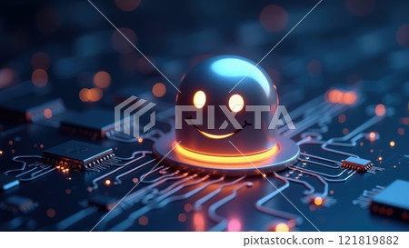 Luminous Anthropomorphic Chatbot Icon on Circuit Board Luminous Anthropomorphic Chatbot Icon on Circuit Board 121819882