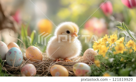 Cute baby chick sitting in nest with easter eggs and spring flowers 121819920