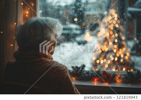 Elderly woman watching christmas tree through window during snowfall 121819943