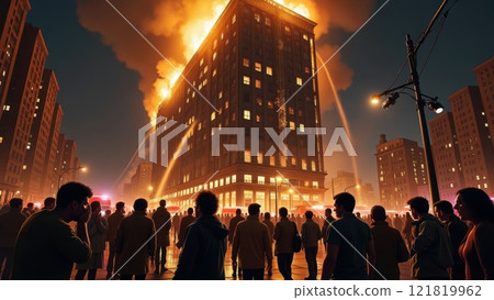 Urban Nighttime Scene with Skyscraper Blaze 121819962