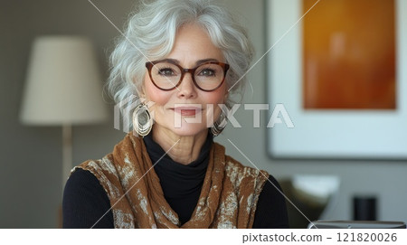 Elegant senior woman with glasses smiling in modern home interior 121820026