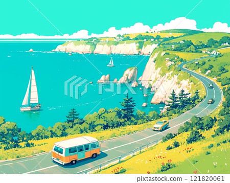 Buses and cars traveling along the coastal road Buses and cars traveling along the coastal road 121820061