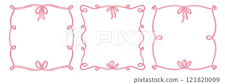 Coquettish girly decorative frames set featuring a ribbon bow design with flowing hand drawn contours. Vector flat illustration for invitations, cards, and artistic projects 121820099