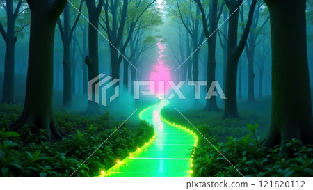 Vibrant Futuristic Pathway in Glowing Green Forest Vibrant Futuristic Pathway in Glowing Green Forest 121820112