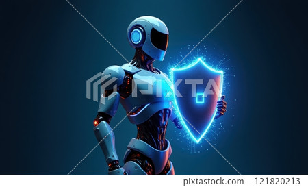 Sleek Metallic Robot with Glowing Blue Circuitry 121820213