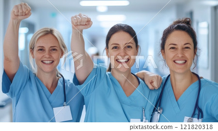 Healthcare professionals confidently pose in support of women empowerment and gender parity in a hospital setting 121820318