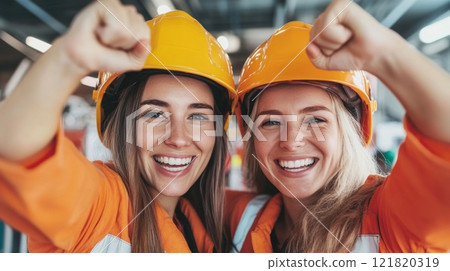Two female firefighters proudly show the strongman gesture at their station, promoting gender equality 121820319