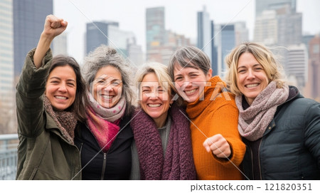 Women of diverse backgrounds pose confidently in an urban landscape, celebrating empowerment and gender equality 121820351