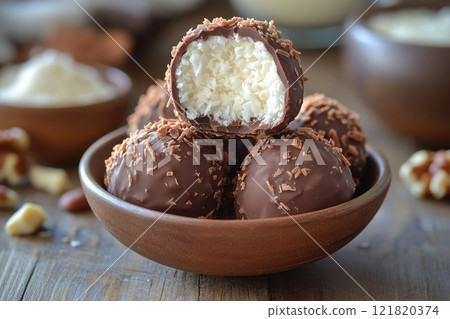 Chocolate coconut candy balls decorated with pecan nuts on white plate 121820374