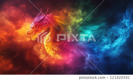 Fire and ice dragon emerging from colorful smoke and flames Fire and ice dragon emerging from colorful smoke and flames 121820391