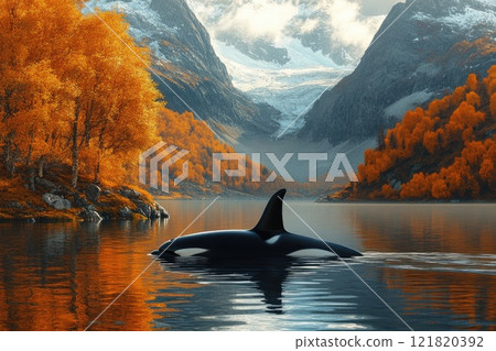 Orca whale swimming in mountain lake during autumn Orca whale swimming in mountain lake during autumn 121820392