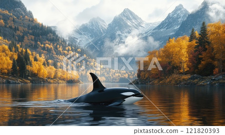 Orca whale swimming in lake with autumn forest and mountains Orca whale swimming in lake with autumn forest and mountains 121820393