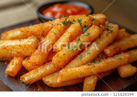 Close-up of delicious golden french fries sprinkled with salt and pepper Close-up of delicious golden french fries sprinkled with salt and pepper 121820394