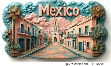 Picturesque street leading to historic church in mexico 121820398