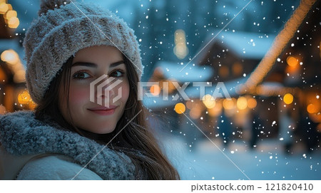 Young woman smiling in snowy christmas market at night 121820410