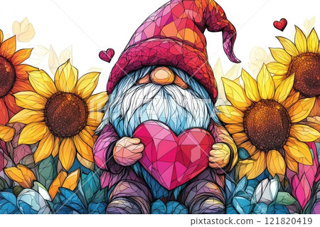 Colorful garden gnome holding heart with sunflowers and love hearts 121820419